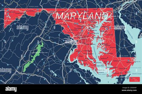 Mapa Editable Detallado Del Estado De Maryland Con Ciudades Y Pueblos