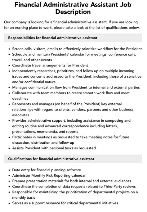 Financial Administrative Assistant Job Description Velvet Jobs