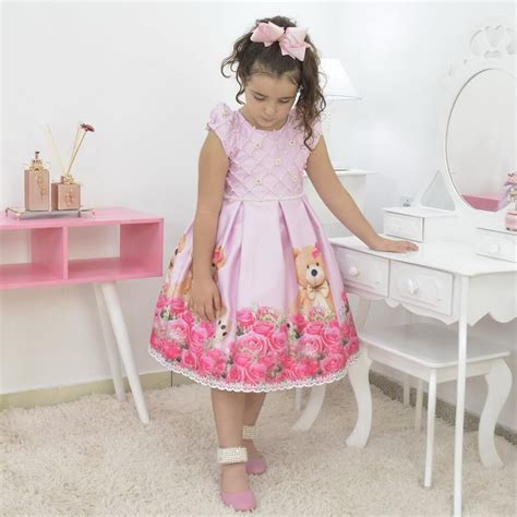 Vestido infantil rosa jardim ursinho de pelúcia luxuoso