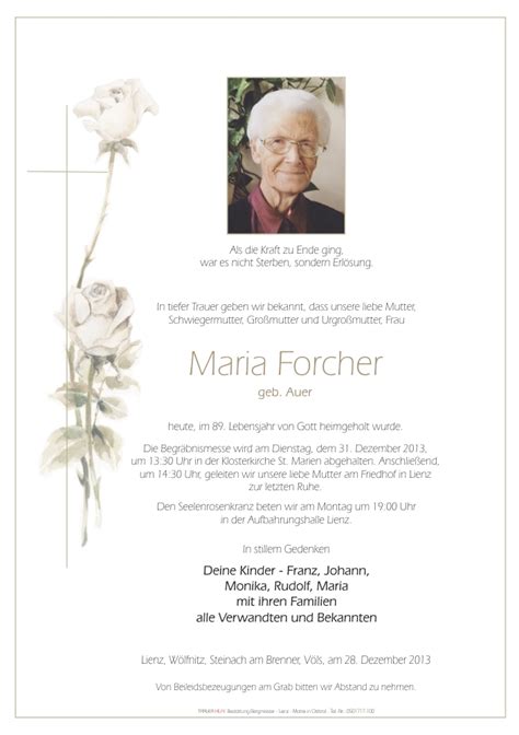 Todesanzeige Maria Forcher Trauer Link