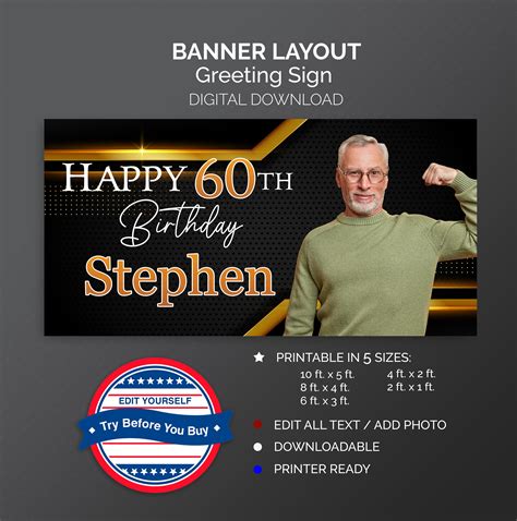 Printable Happy 60th Birthday Banner Black and Gold Editable - Etsy