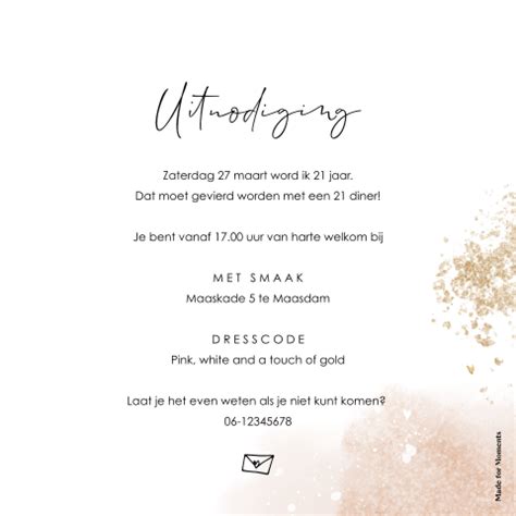 Uitnodiging Diner Met Roze Watercolour En Goudlook Spetters