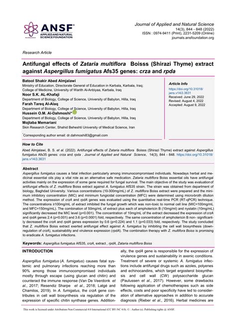 Pdf Antifungal Effects Of Zataria Multiflora Boisss Shirazi Thyme