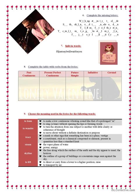 Song Lonely Valentine Chris Trapp English Esl Worksheets Pdf Doc