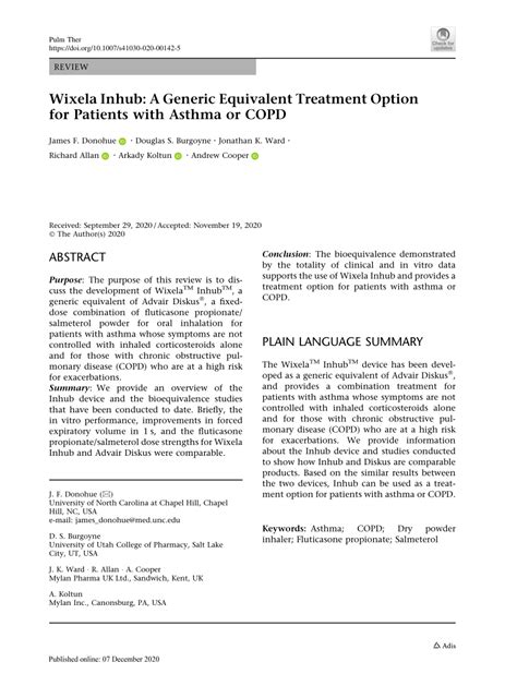 (PDF) Wixela Inhub: A Generic Equivalent Treatment Option for Patients with Asthma or COPD