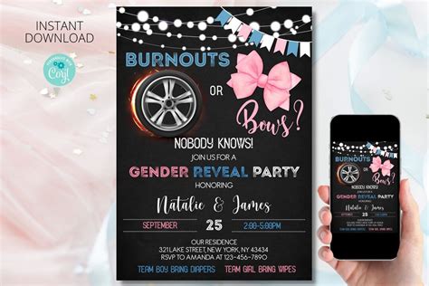 Burnouts or Bows Gender Reveal Invitation Digital Template Wheels or ...