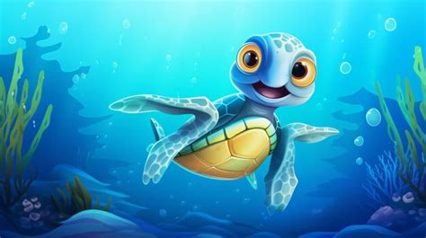 Premium Photo | Cute Cartoon Sea Turtle Underwater