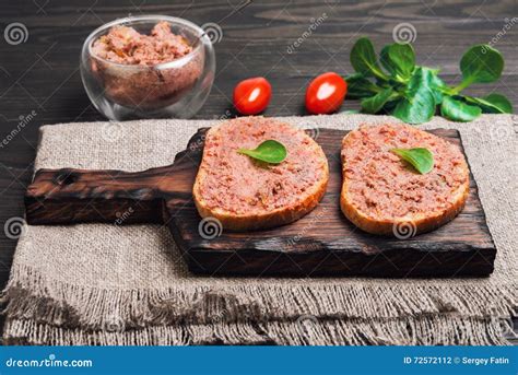 Two Sandwiches on Loaf of Bread with Meat Pate Stock Photo - Image of ...