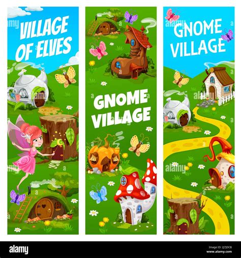 Fairy Village Of Gnome And Elf Houses Cartoon Banners Vector Amanita