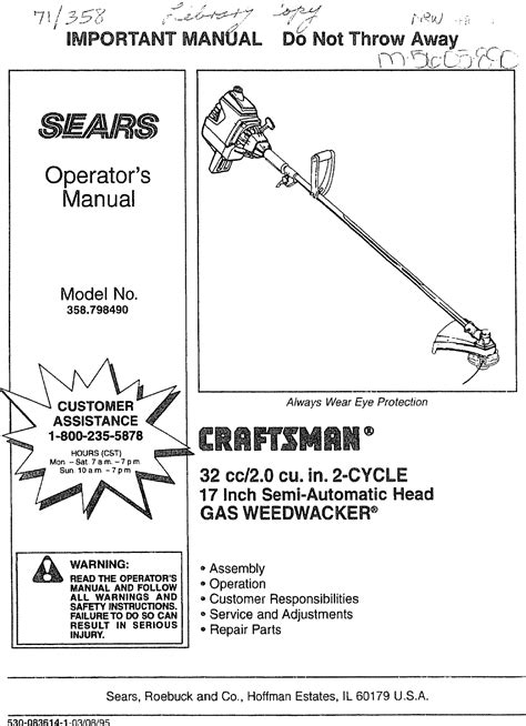 Craftsman 358798490 User Manual Line Trimmer Weedwacker Brushwacker