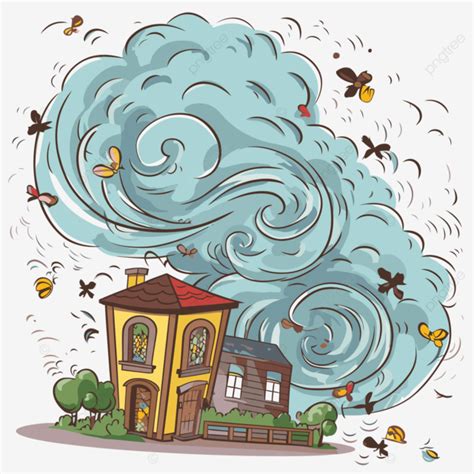 Windy Weather Vector, Sticker Clipart Storm Cartoon Houses And Clouds ...