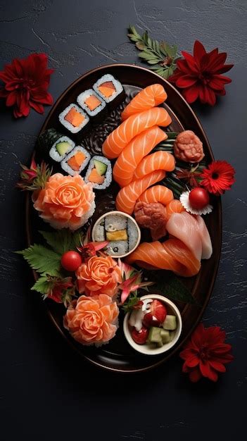 Premium Ai Image Photo A Plate Of Sushi And Sushi With Flowers And