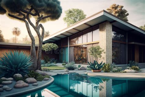 Generative Ai Illustration Of Mid Century Modern House With Swimming