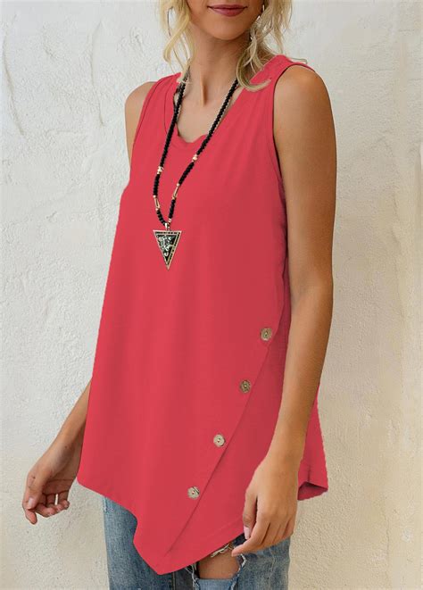 Rotita Asymmetric Hem Coral Red Decorative Button Tank Top Rotita