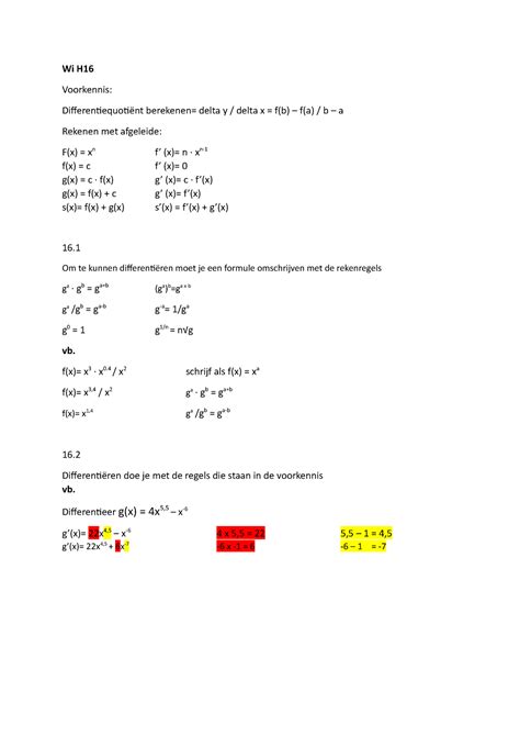 Wi H16 Wiskunde H16 Wi H Voorkennis Differentiequotiënt Berekenen Delta Y Delta X F B