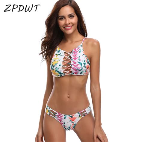 ZPDWT Floral Print Bikini High Neck Swimsuit Women Swimwear Flower