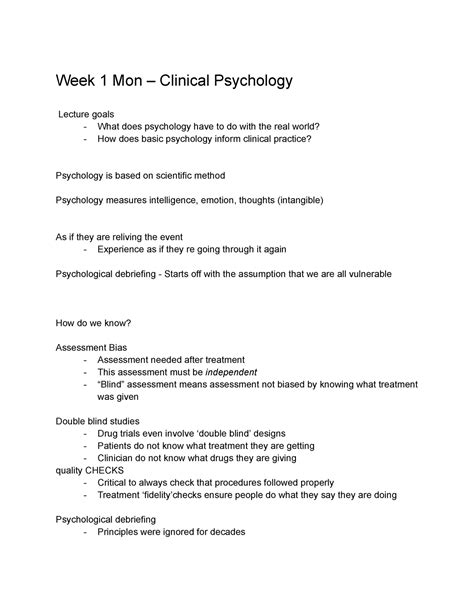 Psyc 1001 Psych Notes Week 1 Mon Clinical Psychology Lecture