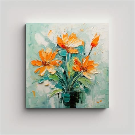 Lienzo Forma Esquema A Pintura De Flores En Colores Verde Y Naranja En