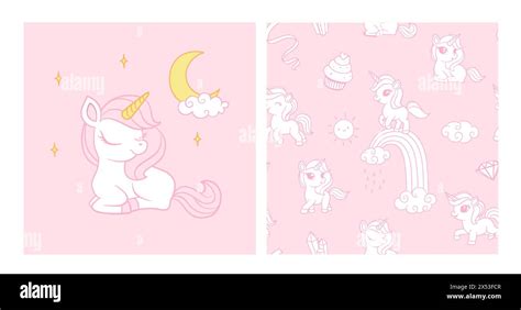 Seamless Pattern With Unicorns Donuts Rainbow Confetti And Other