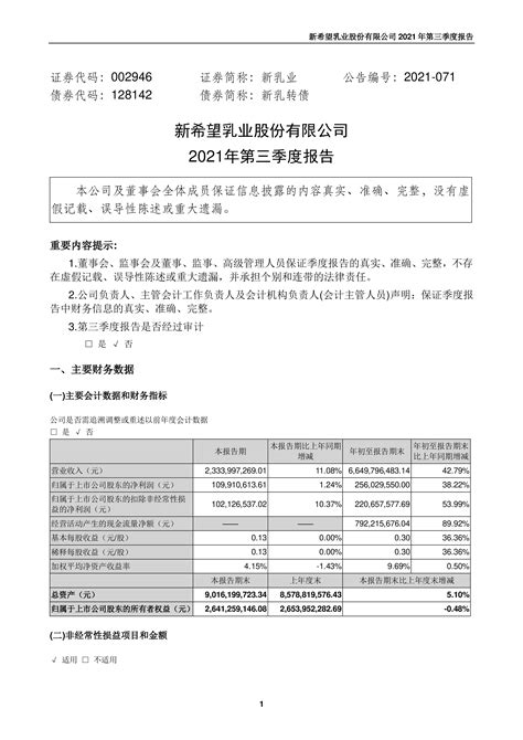 新乳业：2021年第三季度报告 洞见研报 行业报告