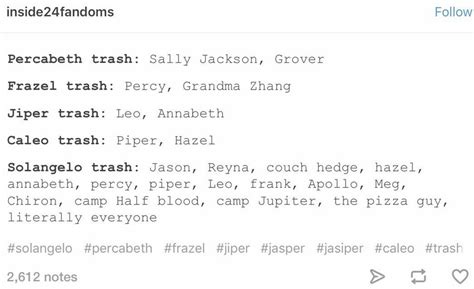 Pjo Ship Trash Percabeth Frazel Jiper Caleo Solangelo Percy Jackson