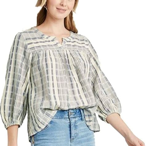 Knox Rose Blue Striped Textured Babydoll Peasant Top Gem