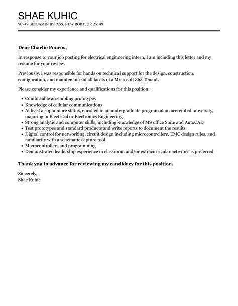 Electrical Engineering Intern Cover Letter Velvet Jobs