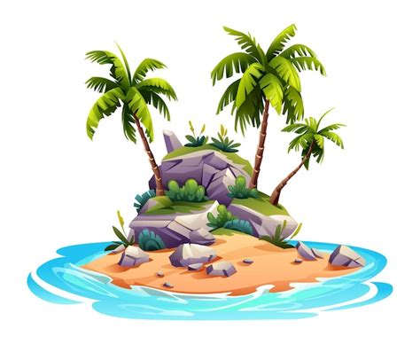 Isla tropical con palmeras y rocas Ilustración de dibujos animados