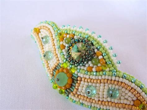 Bead Embroidery Barrette Seed Bead Jewelry Spring Colors Green Crema