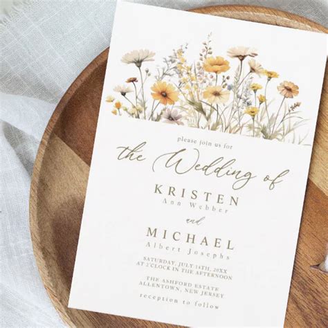 Elegant Yellow Watercolor Wildflowers Wedding Invitation Zazzle