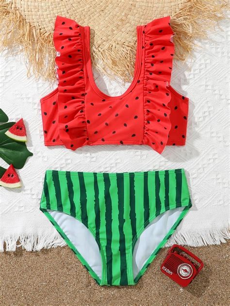 Girls Watermelon Print Ruffle Trim Bikini Swimsuit Shein Usa