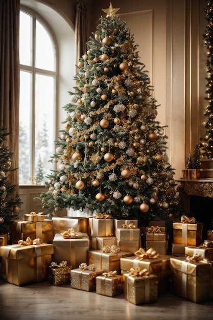 Premium AI Image | amazing christmas luxury tree with golden gift boxes