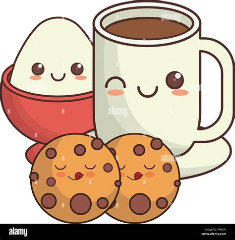 Kawaii taza de café con galletas de huevo y sobre fondo blanco