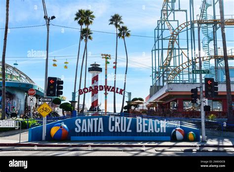 Santa Cruz Beach Boardwalk sign at the entrance to the amusement park ...