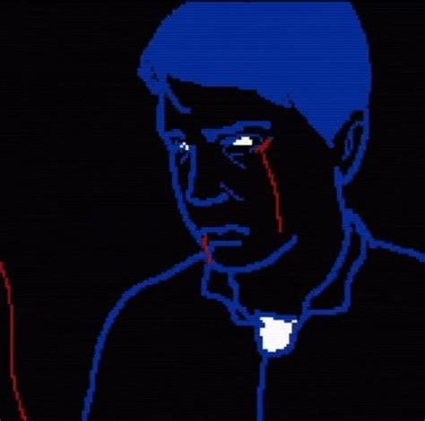 An Animated Image Of A Man With Red And Blue Lines On His Face In The Dark