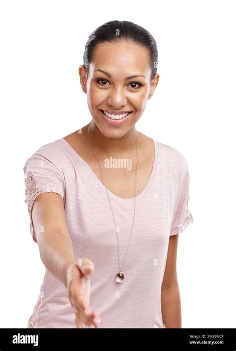 Handshake Happy And Portrait Of A Woman In A Studio For Greeting