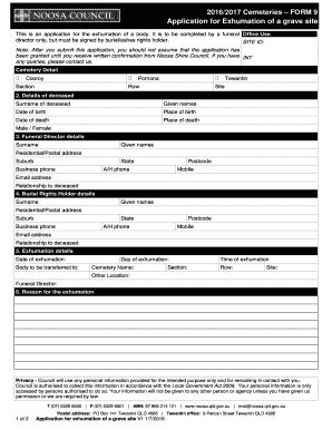 Fillable Online Form 9 Application For Exhumation Of A Grave Site