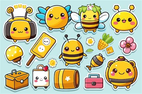 A collection of cute bee stickers with various designs and accessories ...