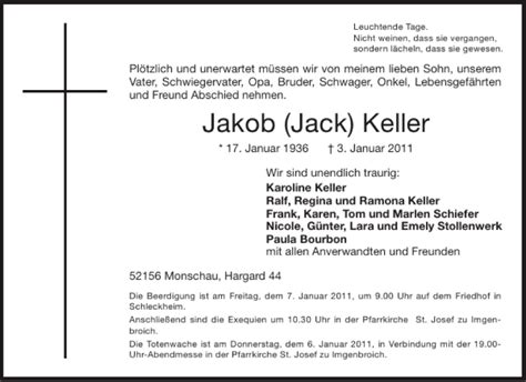 Traueranzeigen Von Jakob Jack Keller Aachen Gedenkt