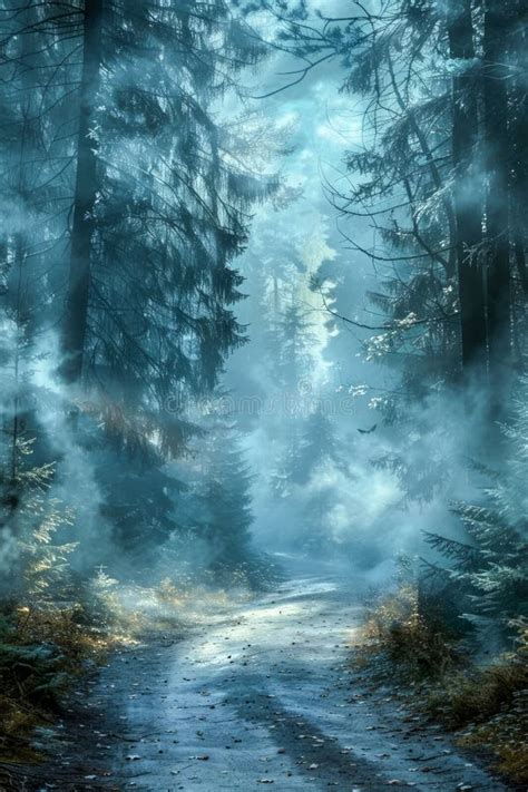 Enchanted Misty Forest Pathway With Magical Ethereal Light And Lush