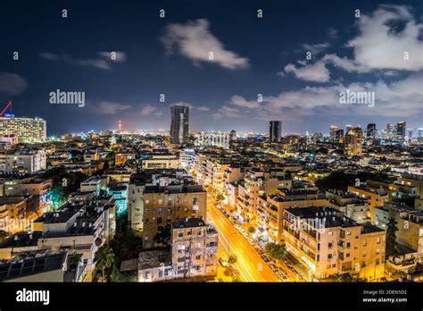 Night Aerial View Of Tel Aviv City With Modern Skylines And Luxury