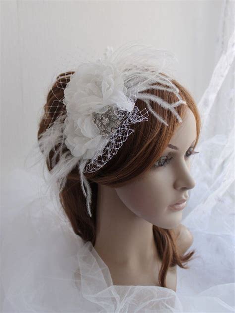 Wedding Feather Headpiece White Bridal Flower Fascinator Birdcage