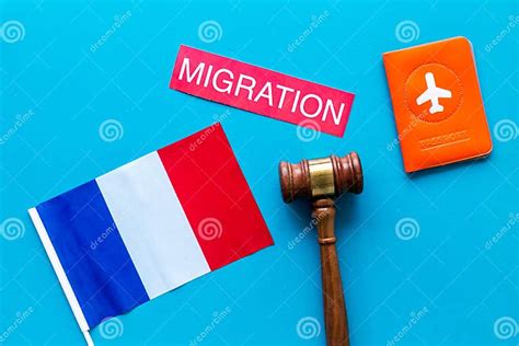 Migration To France Concept French Flag Near Passport And Judge Hammer On Blue Background Top