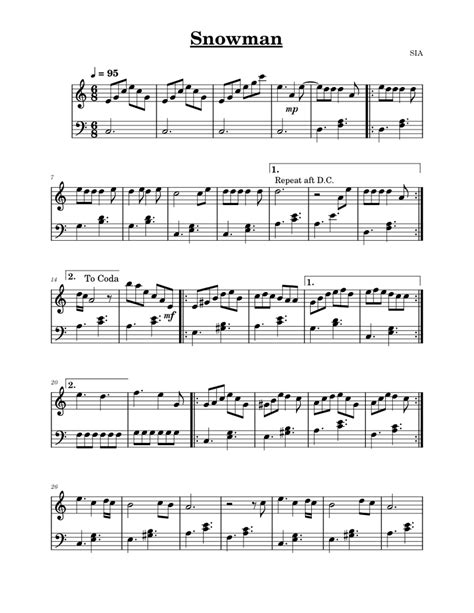 Snowman Sia Sheet Music For Piano Solo Easy