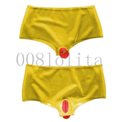 100latex Rubber Gummi Fashion Yellow Briefs With Unique Red Sheath Bdsm Sex Adult Games