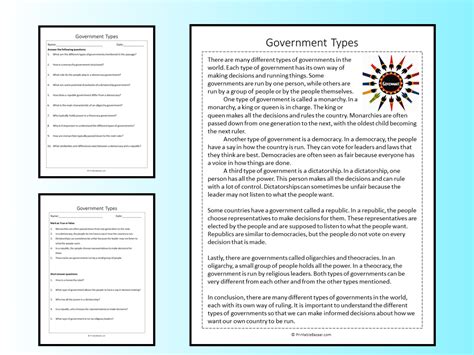 Government Types Reading Comprehension Passage Printable Worksheet Teaching Resources