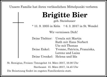 Traueranzeigen Von Brigitte Bier Saarbruecker Zeitung Trauer De