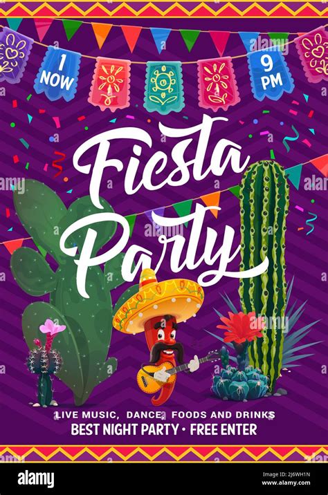 Mexican Fiesta Party Flyer With Vector Cactuses And Chili Pepper Cartoon Character Funny