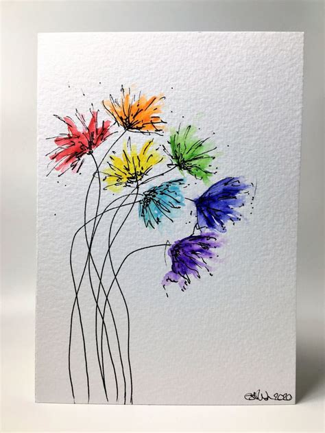 Original Hand Painted Greeting Card Abstract Rainbow Spiky Flower 3