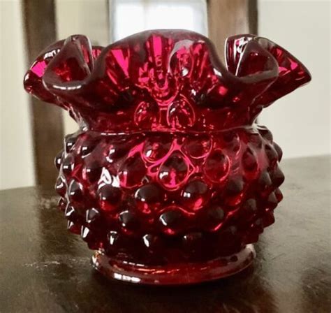 Vintage Fenton Glass Ruby Red Hobnail Ruffled Top Bowl Excellent Condition 4617806206